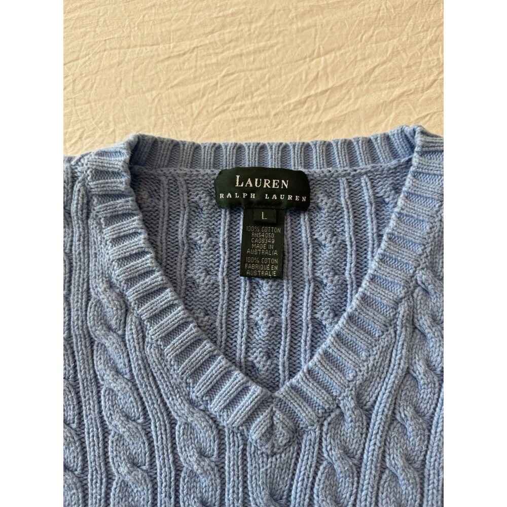 Lauren Ralph Lauren Blue Cable Knit V-Neck Sweater Size L 100% Cotton Preppy